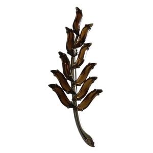 VTG Austria Root Beer Curved Leaf Glass Open Back Brooch Pin Silver Tone